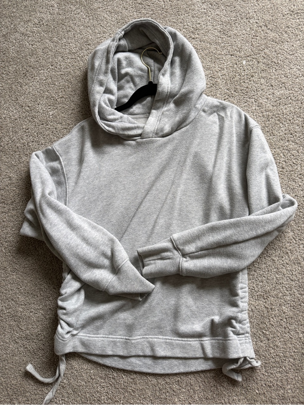 Light Gray Women's Hoodie Sweater - side, scrunch Drawstring Pullover